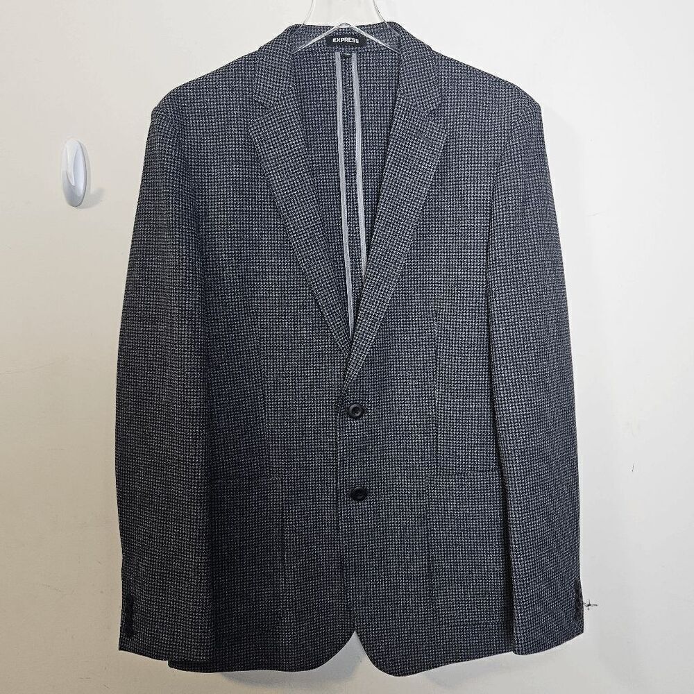 Express Extra Slim Flannel Plaid Suit 2 button Jacket Men's Grey Checked Blazer